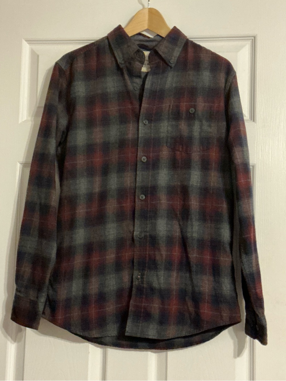 Men's Weatherproof Flannel Button-Up Shirt in Gray and Red Plaid
